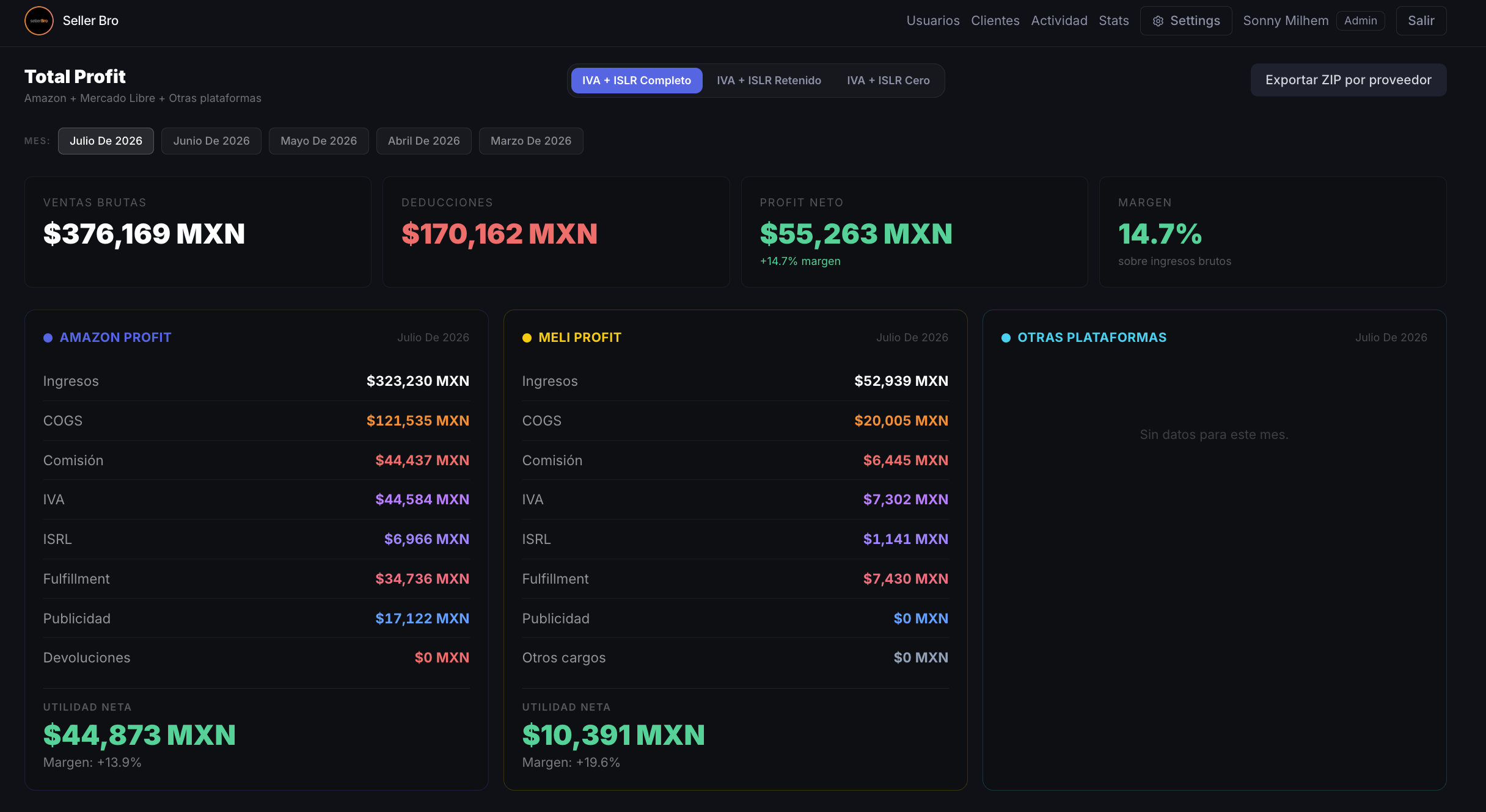 Utilidad real por SKU — Seller Bro
